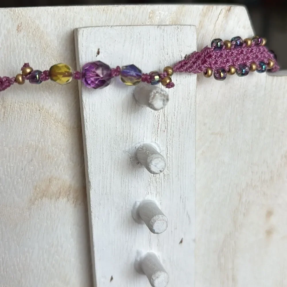 Purple Aurora Borealis Bead Beaded Crochet Handmade Necklace Boho Hippie Unique​